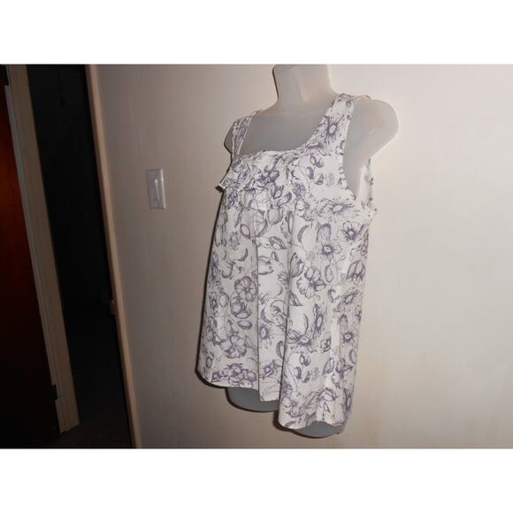 GAP Women's Square Neck Linen Cotton Tank Ruffle Bib Size L White Grey Floral - Picture 3 of 6